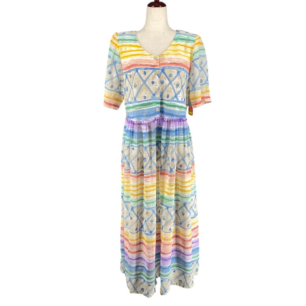 Vtg 80s 90s Two Potato Artsy A Line Midi Dress M Sheer NOS Beachy Retro Pastel